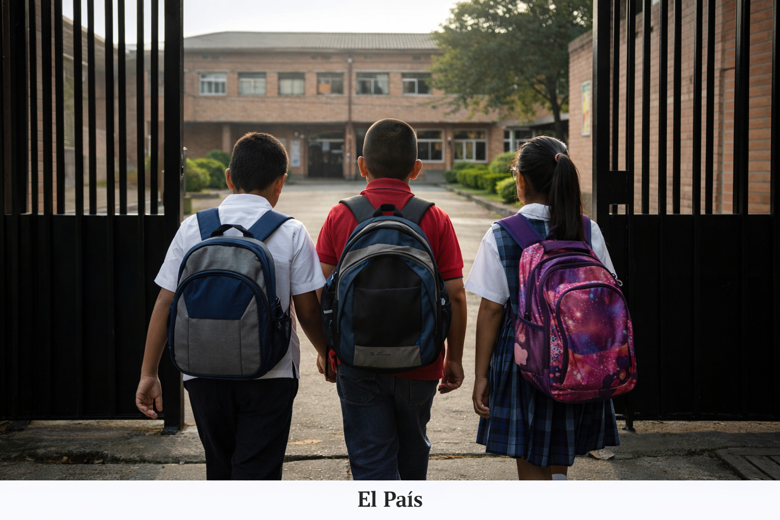 Tres estudiantes con maletines entrando por el portón de un colegio público colombiano