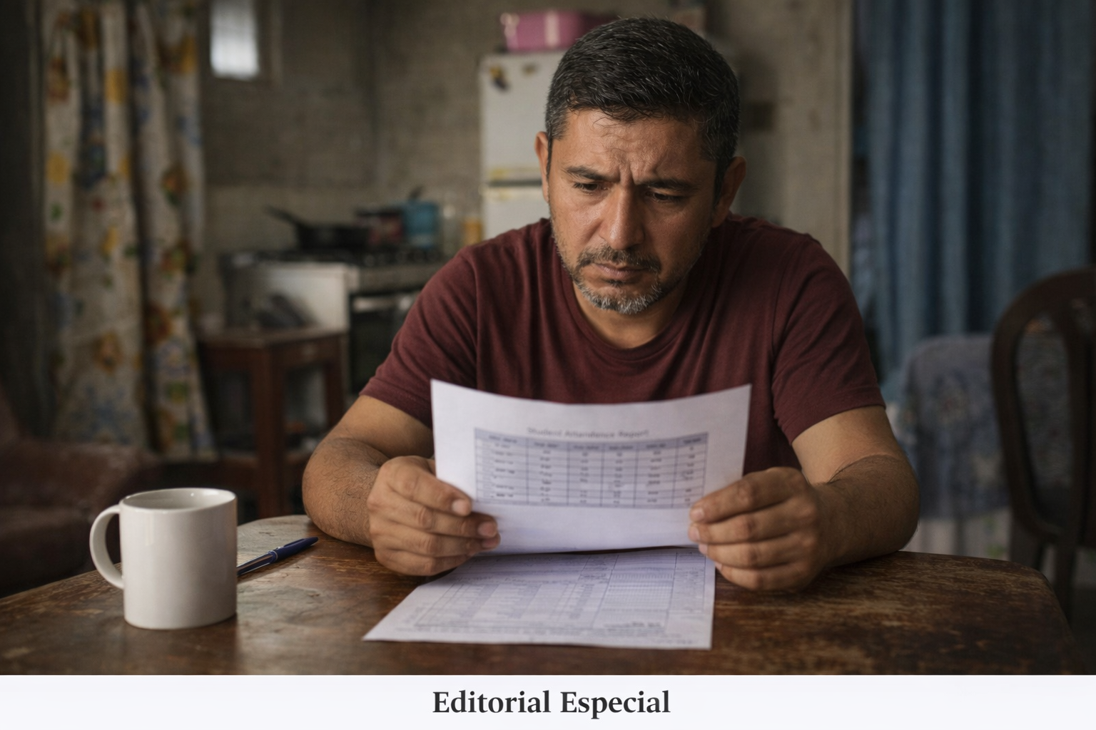 Padre de familia colombiano leyendo un reporte de inasistencia escolar con preocupación