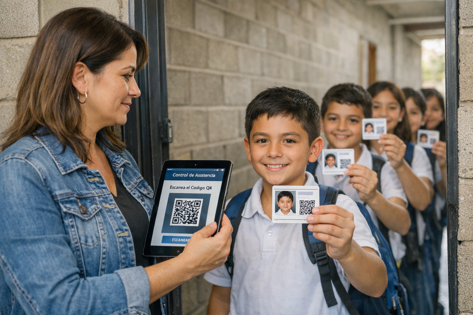 Docente verificando asistencia escaneando el carné QR de cada estudiante en la entrada del aula